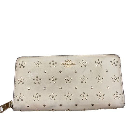Coach Cream Colored Leather Gold Studded Zipper Wallet - Picture 1 of 14